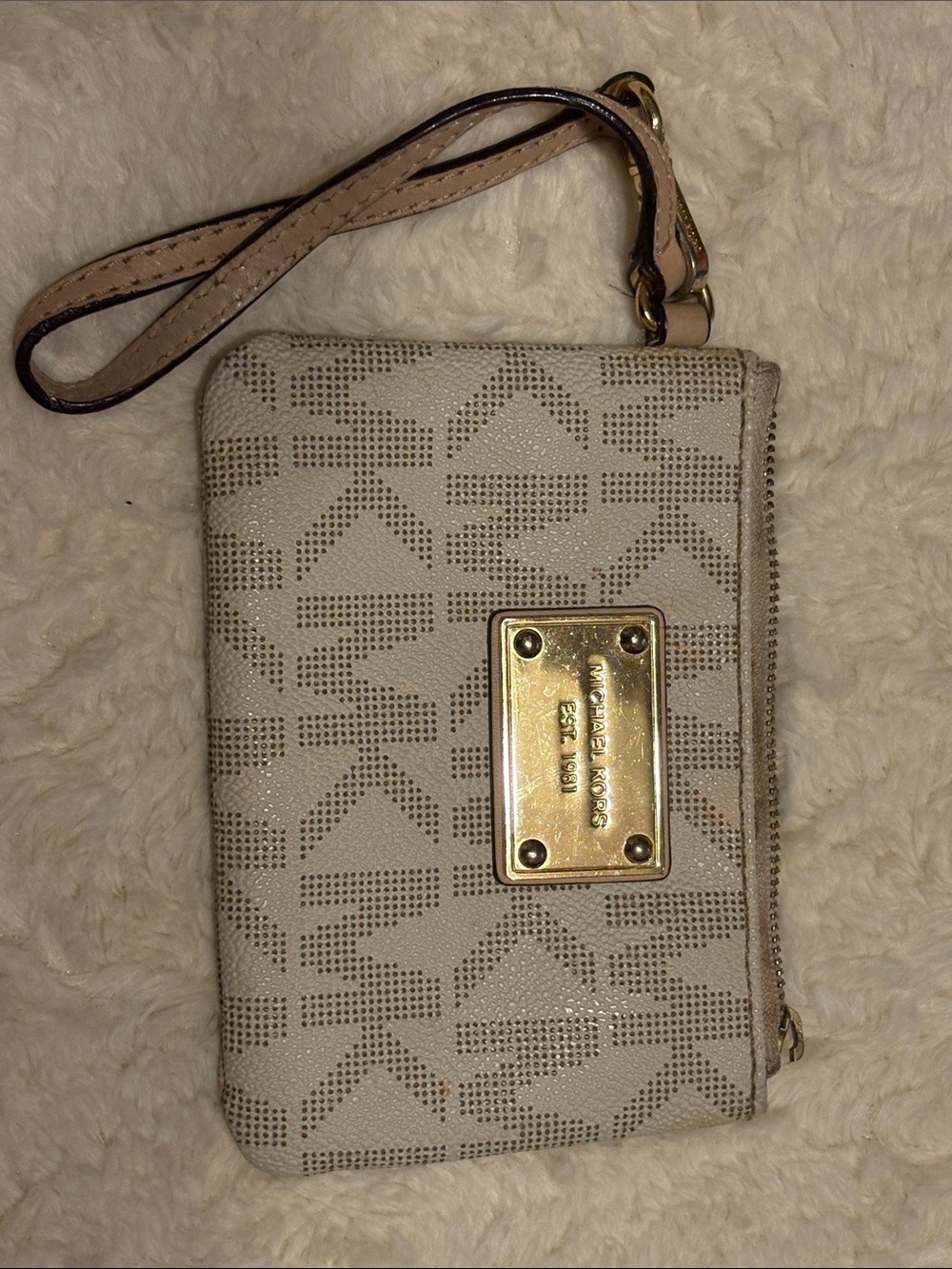 Michael Kors Beige Perforated Logo Wristlet with Gold Plate